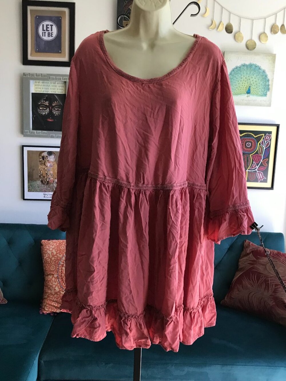 INDIGO SOUL size XL Rose Lace Accent 3/4 Sleeve Artsy Ruffle Tunic Top Cottage